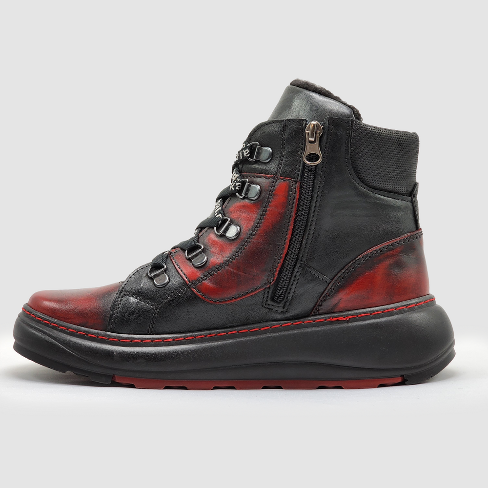 Women's Retro Thick Wool-Lined Leather Boots - Black & Red - Kacper Global Shoes 