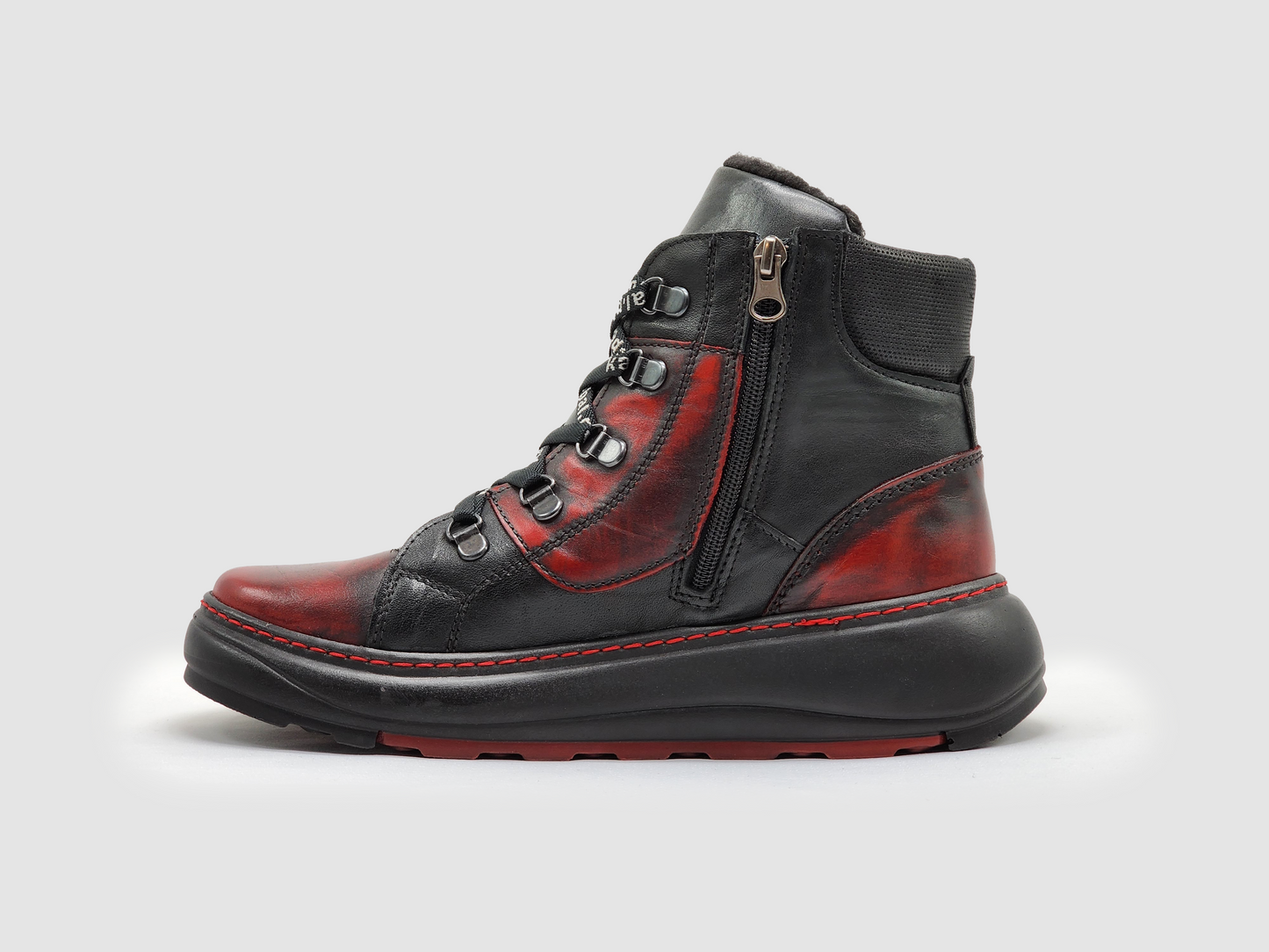 Women's Retro Thick Wool-Lined Leather Boots - Black & Red - Kacper Global Shoes 
