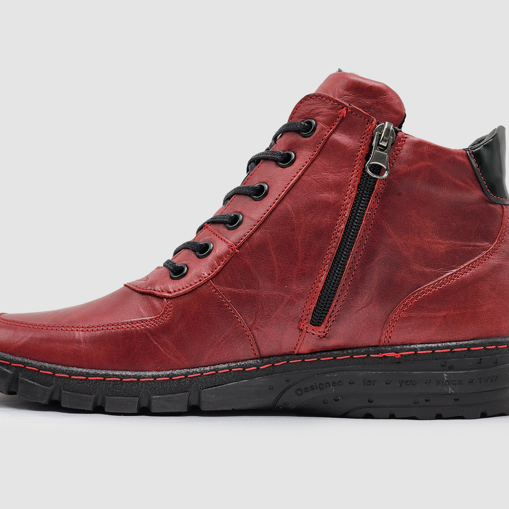 Women's Everyday Wool-Lined Zip-Up Leather Boots - Red - Kacper Global Shoes 